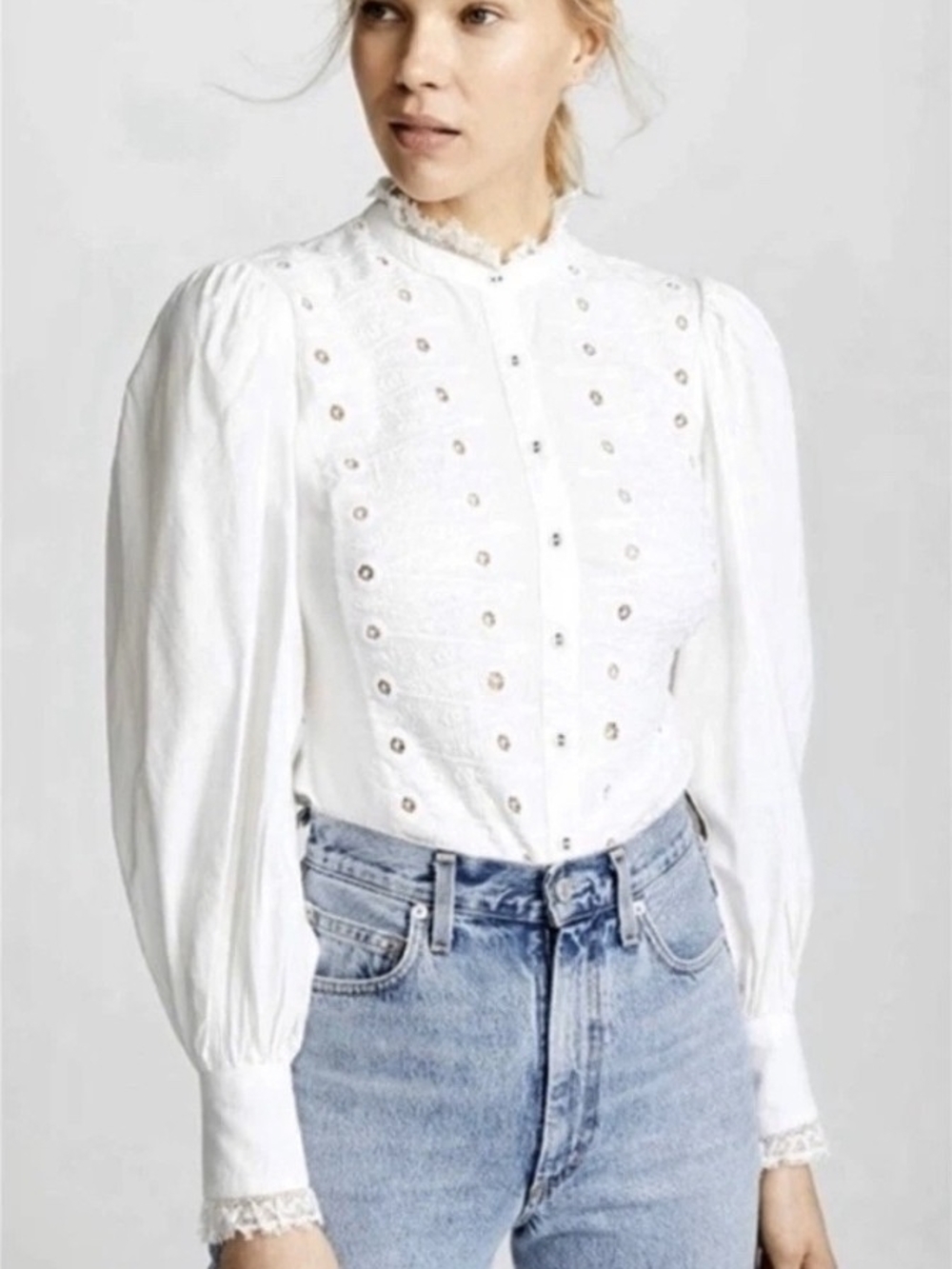 JOIE Women's Bobette White Lace-Detail Victorian Blouse NWT XS